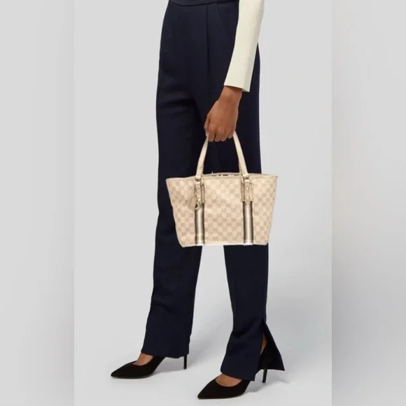 EUC [Gucci] Authenticated Monogram Canvas Jolicoeur Tote Handbag Beige w/ Gold - Picture 2 of 16